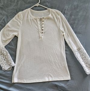 Women's Rib Knit Long Sleeve Lace Button Up Shirt Casual Large White